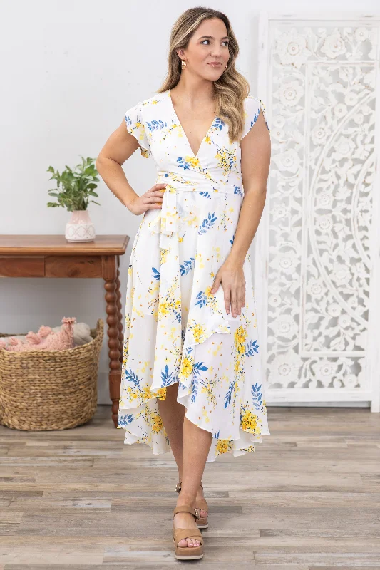 Ruffled Women Dress with Multiple Layers for a Playful and Girly StyleWhite and Yellow Floral High Low Maxi Dress