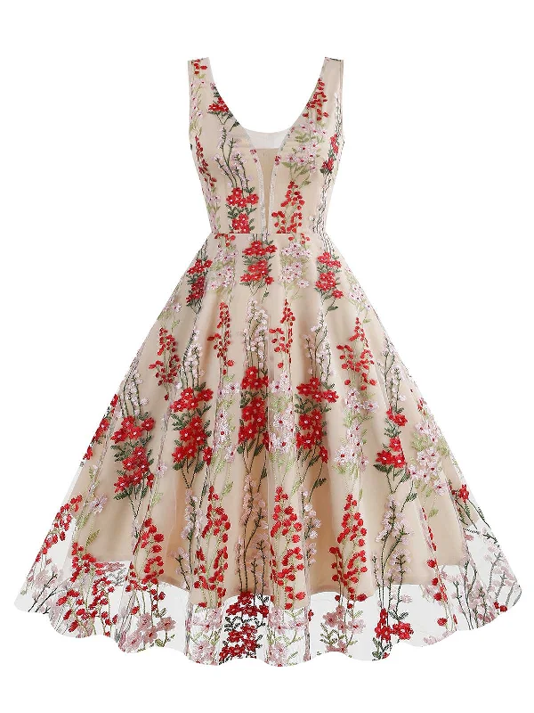 Lace - Embellished Women Dress for an Elegant and Sophisticated Appearance1950s Embroidered Floral V-Neck Swing Dress