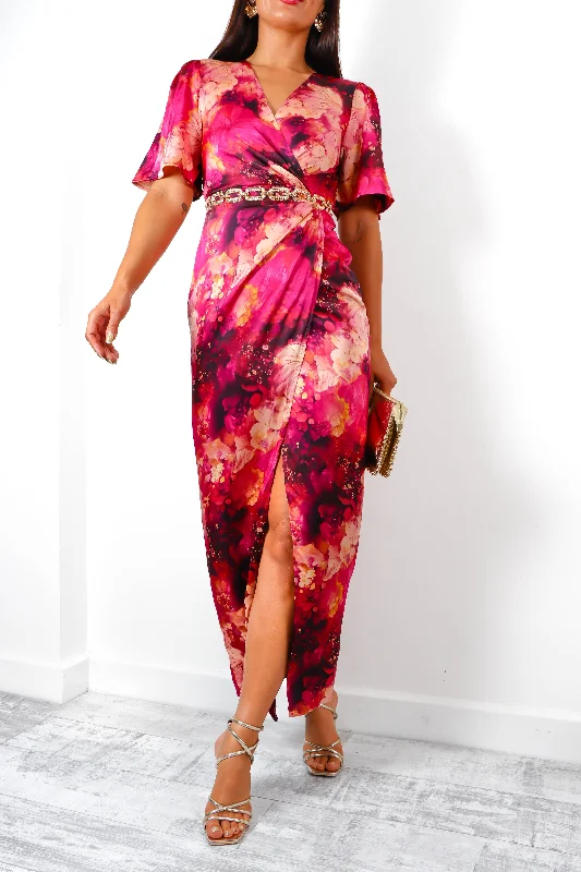 Wrap - Style Women Dress with Adjustable Fit for All Body TypesAdore Her - Purple Pink Abstract Print Midi Dress