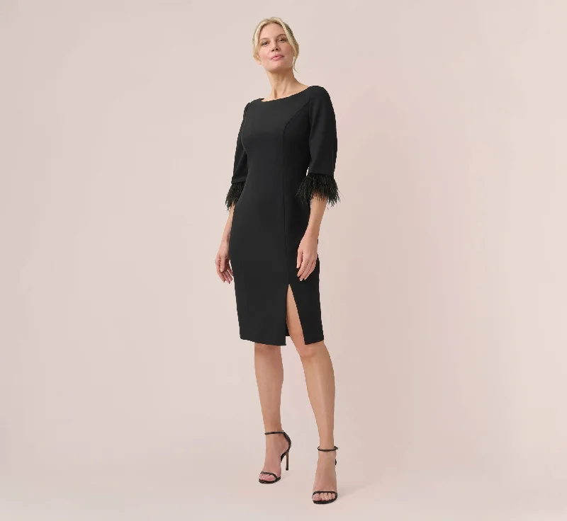 Sleeveless Women Dress in Bright Colors for Summer PartiesCrepe Sheath Dress With V-Back And Feather-Trim Sleeves In Black