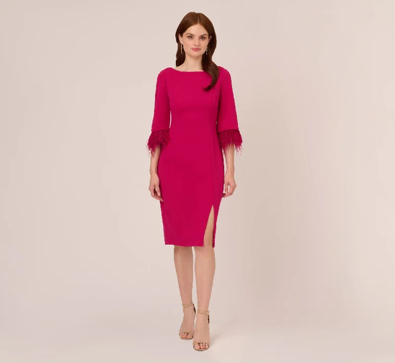 Ruffled Women Dress with Multiple Layers for a Playful and Girly StyleCrepe Sheath Dress With V-Back And Feather-Trim Sleeves In Rich Magenta