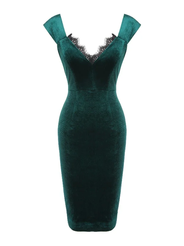 Pleated Women Dress with a Timeless and Elegant TextureGreen 1960s Velvet Lace Patchwork Dress