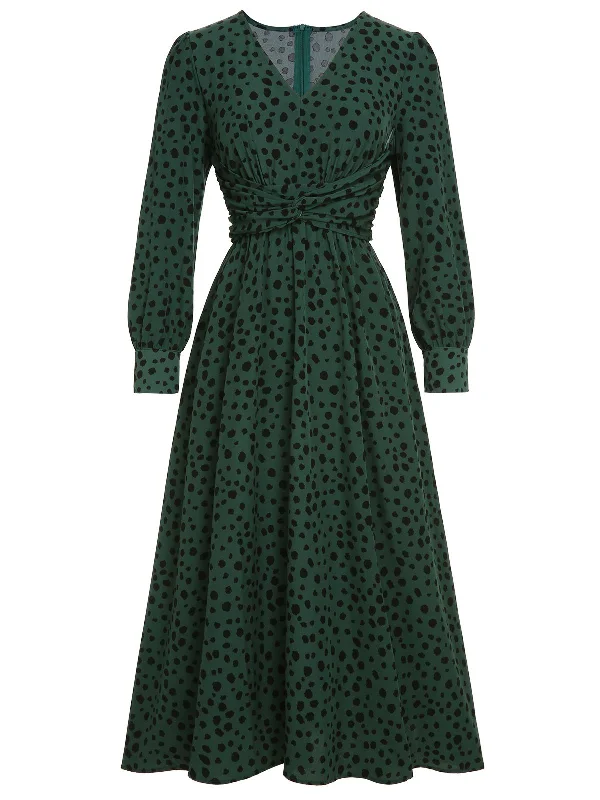 Off - the - Shoulder Women Dress for a Romantic and Feminine LookGreen V-Neck Leopard A-Line Dress