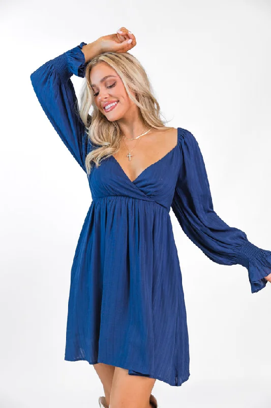 Plus Size Women Dress with a Flattering A - Line Cut for Comfort and StyleJust You Wait Navy Surplice Neckline Mini Dress