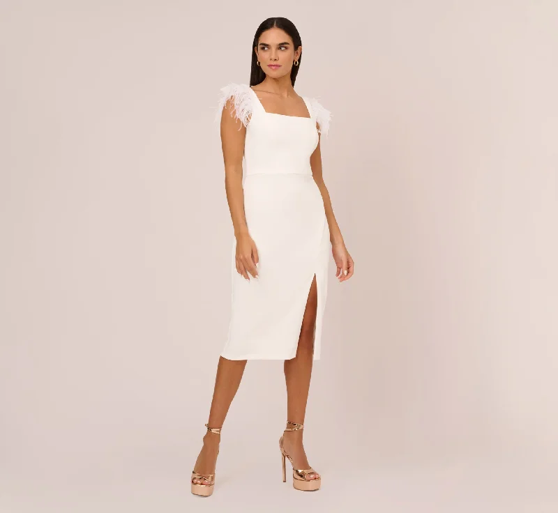 Ball Gown Women Dress with a Full Skirt for a Princess - like LookKnit Crepe Midi Dress With Feather Shoulder Accents In Ivory