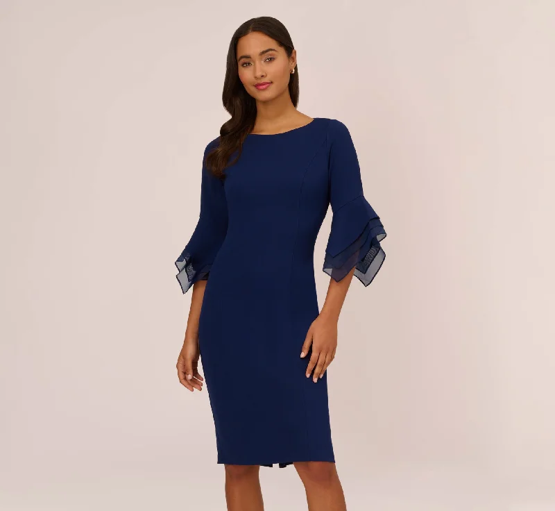 Strapless Women Dress with a Built - in Bra for Comfort and SupportKnit Crepe Sheath Dress With Tiered Three Quarter Sleeves In Navy Sateen