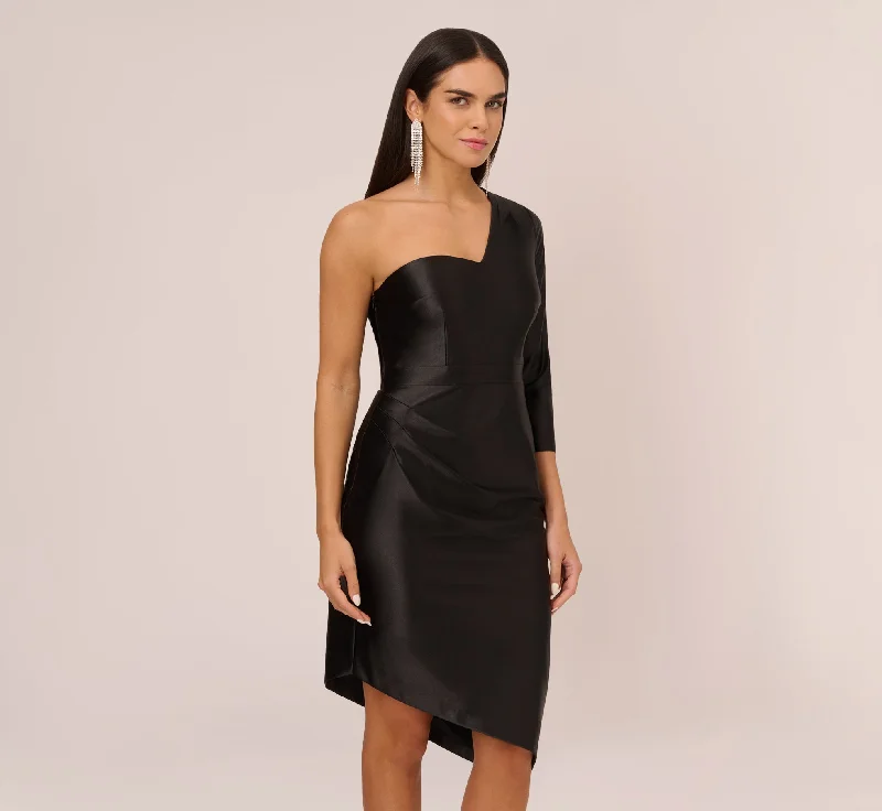 Ruffled Women Dress with Multiple Layers for a Playful and Girly StyleOne Shoulder Satin Midi Dress With Three-Quarter Sleeve In Black