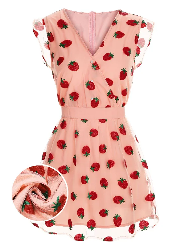 Lace - Embellished Women Dress for an Elegant and Sophisticated AppearancePink 1960s Strawberry Mesh Mini Dress