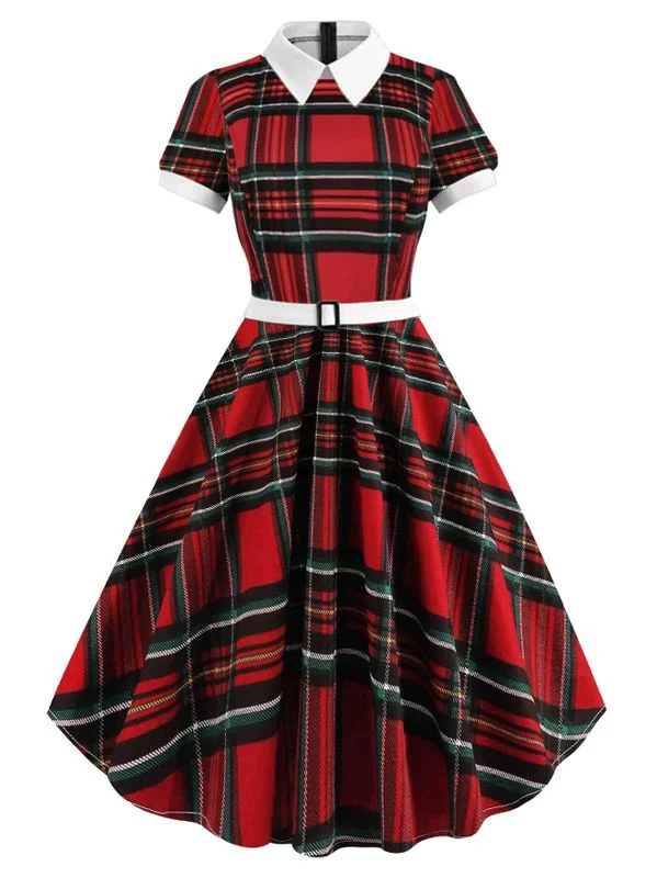 Long - Sleeve Women Dress in Velvet for a Luxurious Winter LookRed 1950s Plaid Convertible Collar Dress