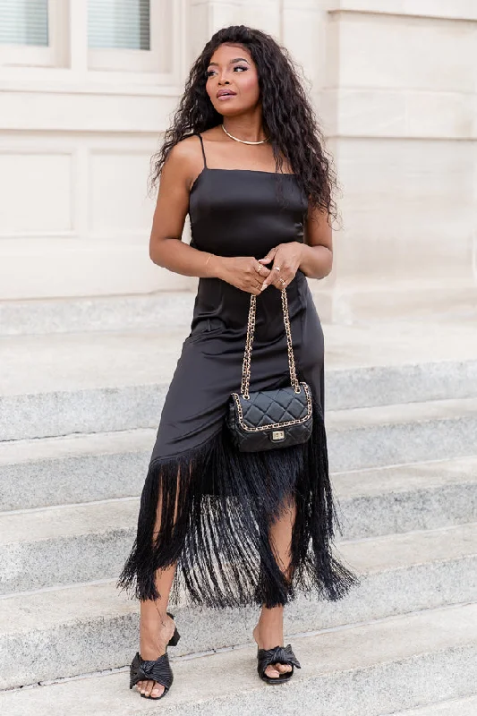 Little Black Women Dress with Sequins for a Glamorous Night OutSave Myself Black Tank Fringe Trim Midi Dress FINAL SALE