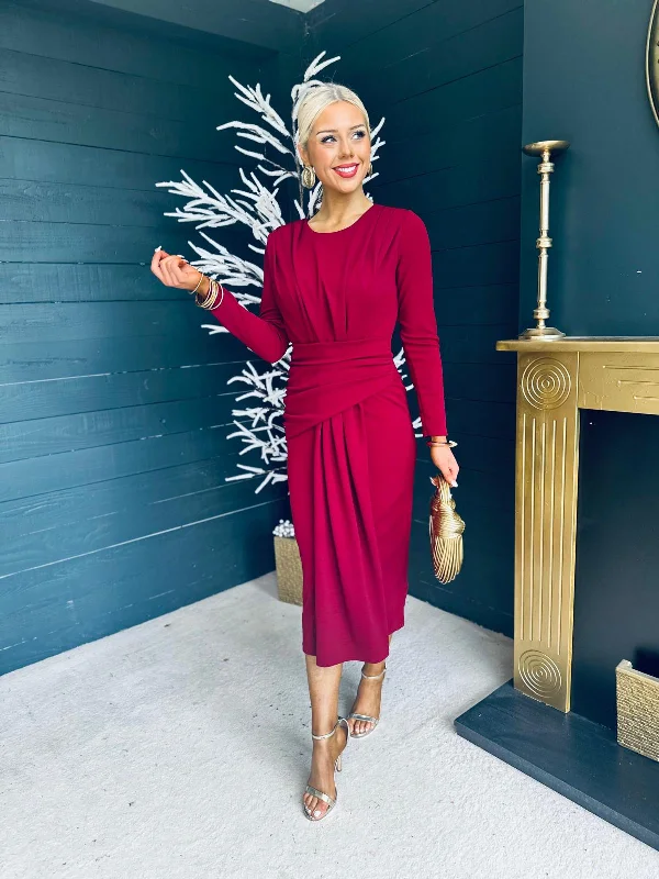 Mermaid - Style Women Dress with a Fitted Silhouette for Special OccasionsThea Drape Detail Midi Dress Burgundy