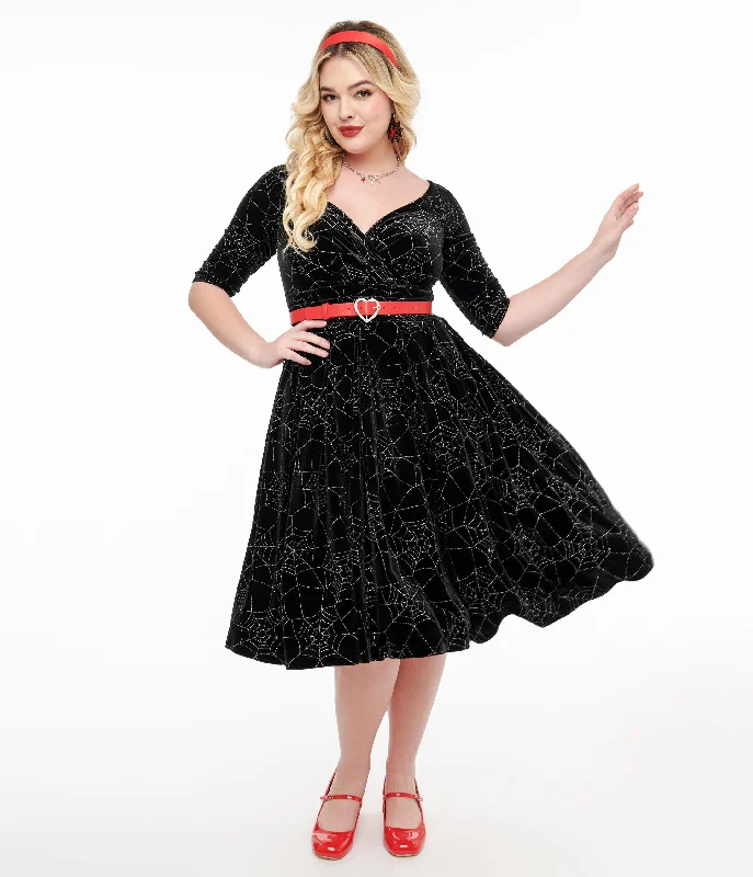 Empire Waist Women Dress to Accentuate the Bust and Conceal the WaistUnique Vintage 1950s Black Velvet & Silver Spiderweb Marceline Swing Dress