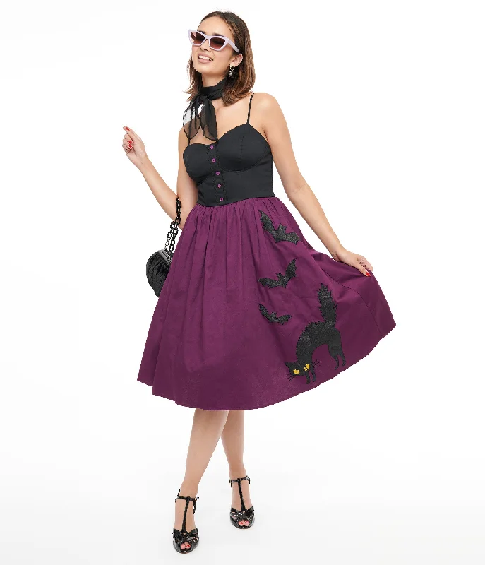 Backless Women Dress for a Sexy and Alluring Look at Evening EventsUnique Vintage 1950s Purple & Black Glitter Cat Swing Dress