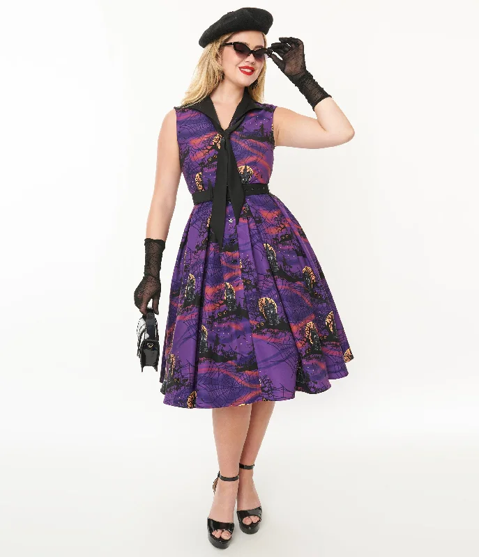 Printed Abstract Women Dress for a Modern and Artistic AppealUnique Vintage 1950s Purple Halloween Print Edith Swing Dress