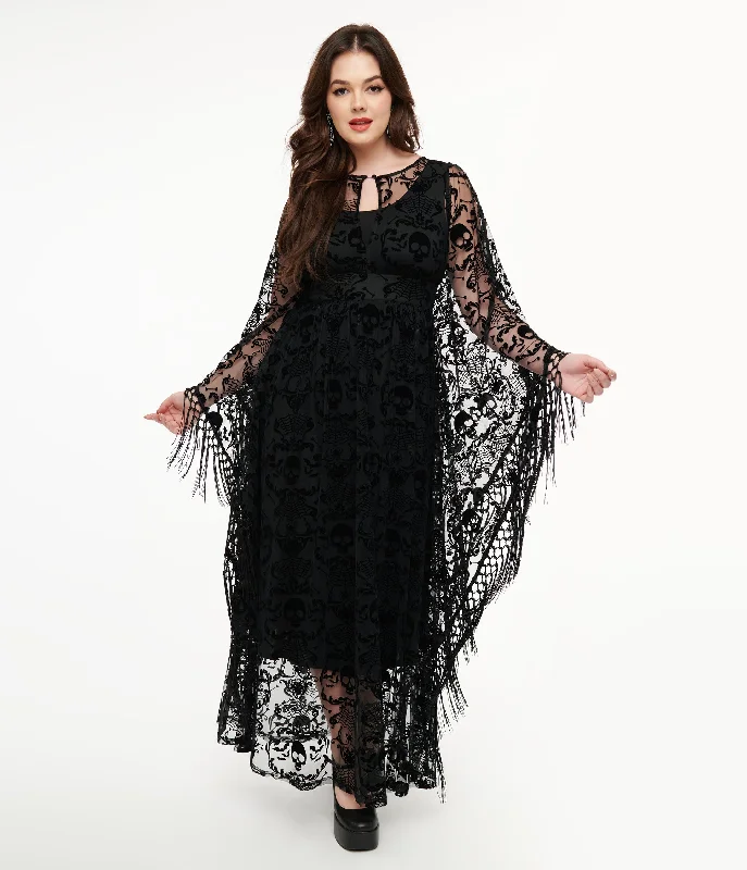 Little Black Women Dress with Sequins for a Glamorous Night OutUnique Vintage 1960s Black Baroque Skull Burnout Fringe Flutter Sleeve Caftan