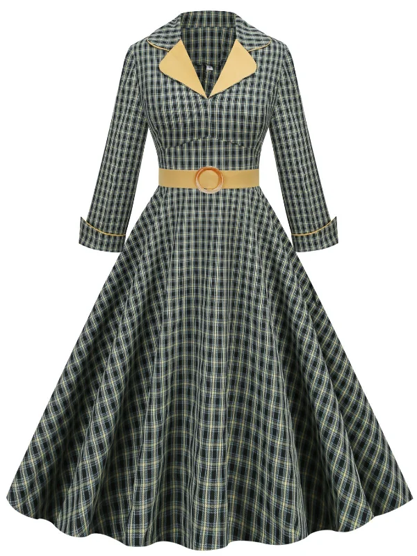 Halter Neck Women Dress to Show Off the Shoulders and NecklineYellow & Black 1950s Plaid Lapel Belt Swing Dress