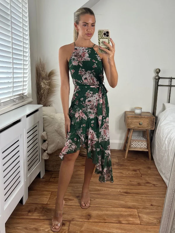 Halter Neck Women Dress to Show Off the Shoulders and NecklineAriana Halter Frill Dress / Chiffon Green Floral