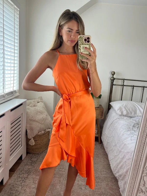 Wrap - Style Women Dress with Adjustable Fit for All Body TypesAriana Halter Frill Dress / Tangerine