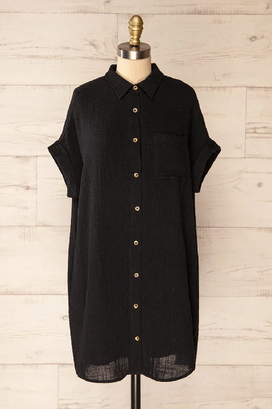 Plus Size Women Dress with a Flattering A - Line Cut for Comfort and StyleArles Black | Short Shirt Dress w/ Pockets