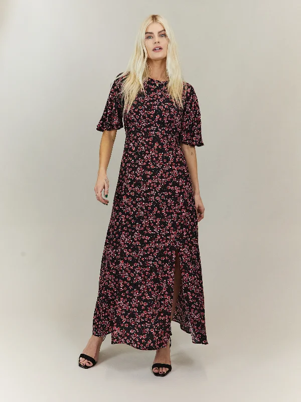 Backless Women Dress for a Sexy and Alluring Look at Evening EventsBailey Angel Sleeve Midi Dress / Dark Floral Print