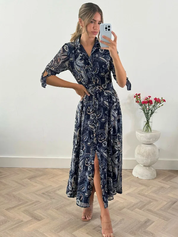 Strapless Women Dress with a Built - in Bra for Comfort and SupportDaphne Belted Shirt Dress / Blue Paisley