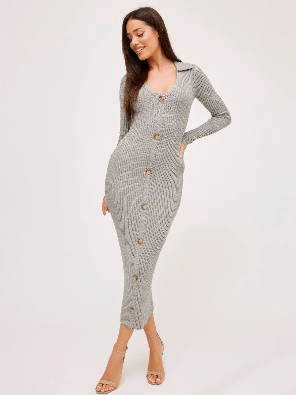 Strapless Women Dress with a Built - in Bra for Comfort and SupportEverly Collar Knitted Midi Dress / Grey