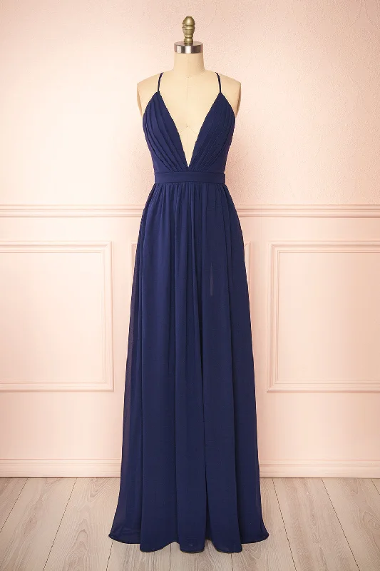 Off - the - Shoulder Women Dress for a Romantic and Feminine LookHaley Navy | Deep V-Neck Chiffon Maxi Dress