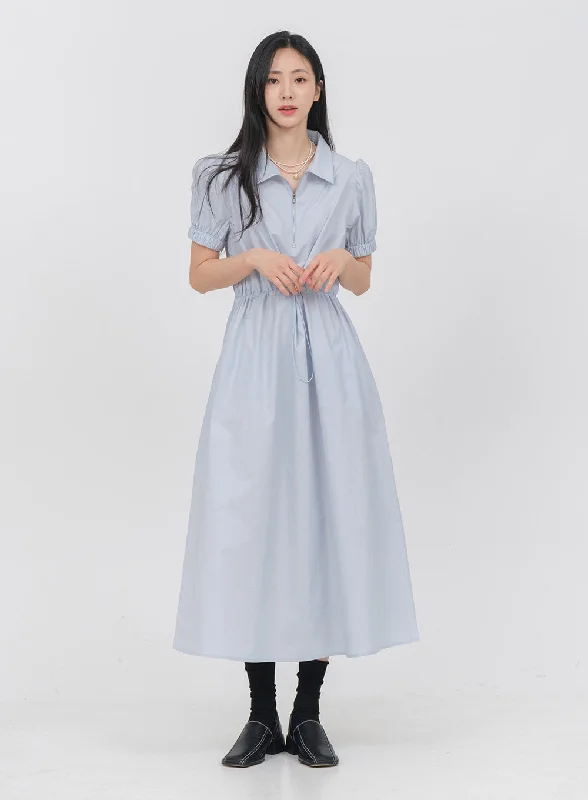 Halter Neck Women Dress to Show Off the Shoulders and NecklineHalf Zip-up Collared Drawstring Waist Maxi Dress OA06