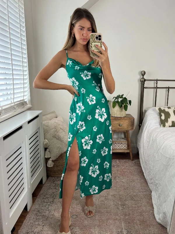 Off - the - Shoulder Women Dress for a Romantic and Feminine LookHavana Cowl Neck Slip Dress / Green Hibiscus