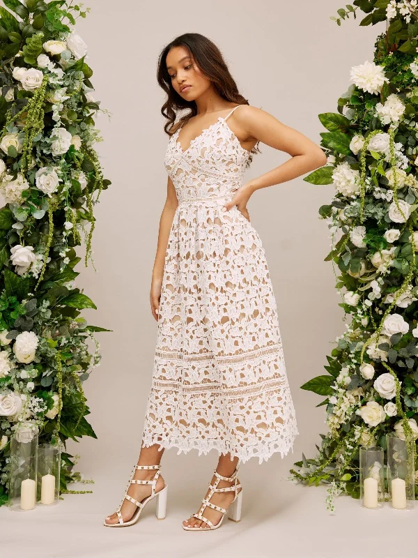 Plus Size Women Dress with a Flattering A - Line Cut for Comfort and StyleLace Strappy Midi Bridal Dress / White