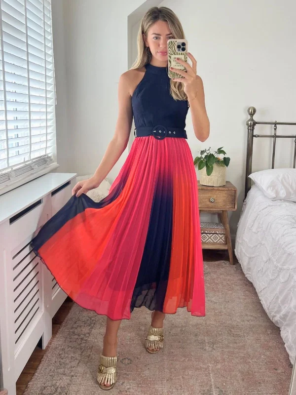 Plus Size Women Dress with a Flattering A - Line Cut for Comfort and StyleLuisa Belted Pleated Maxi Dress / Navy & Orange Ombre