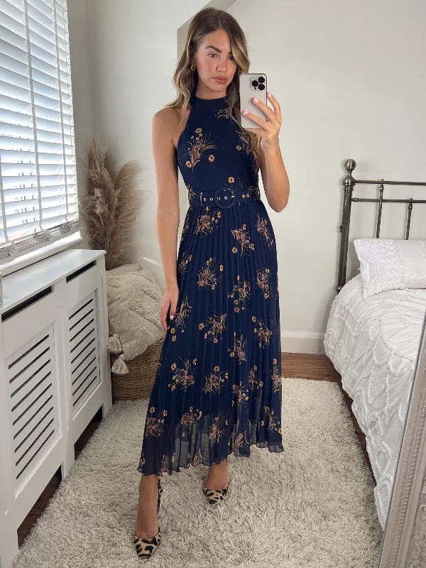 Printed Abstract Women Dress for a Modern and Artistic AppealLuisa Belted Pleated Maxi Dress / Navy Floral Print