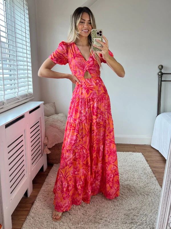 Ball Gown Women Dress with a Full Skirt for a Princess - like LookZoe Tiered Cutout Maxi Dress / Pink & Orange Palm