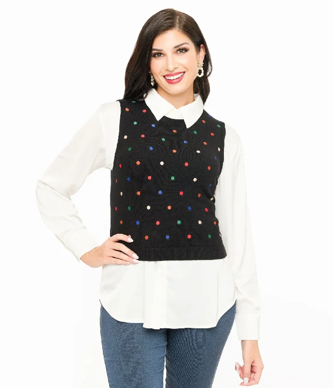 long length women cardigan with side slitsBlack & Multicolor Polka Dot Sweater Vest