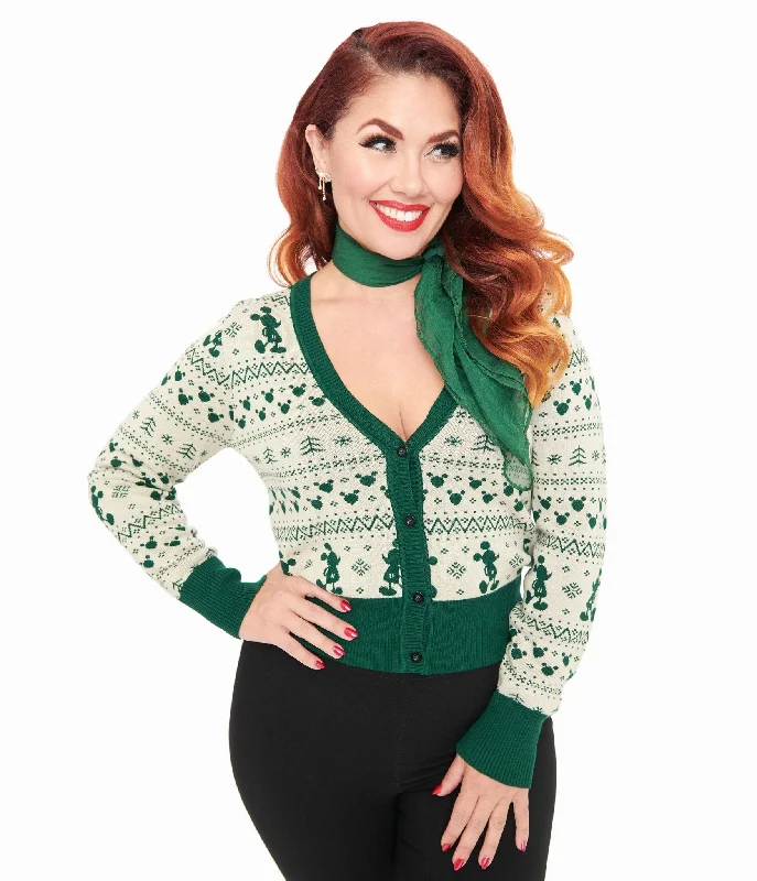 floral print women cardigan for a feminine touchDisney Holiday Collection by Unique Vintage Green Mickey Fair Isle Jacquard Sweater Cardigan