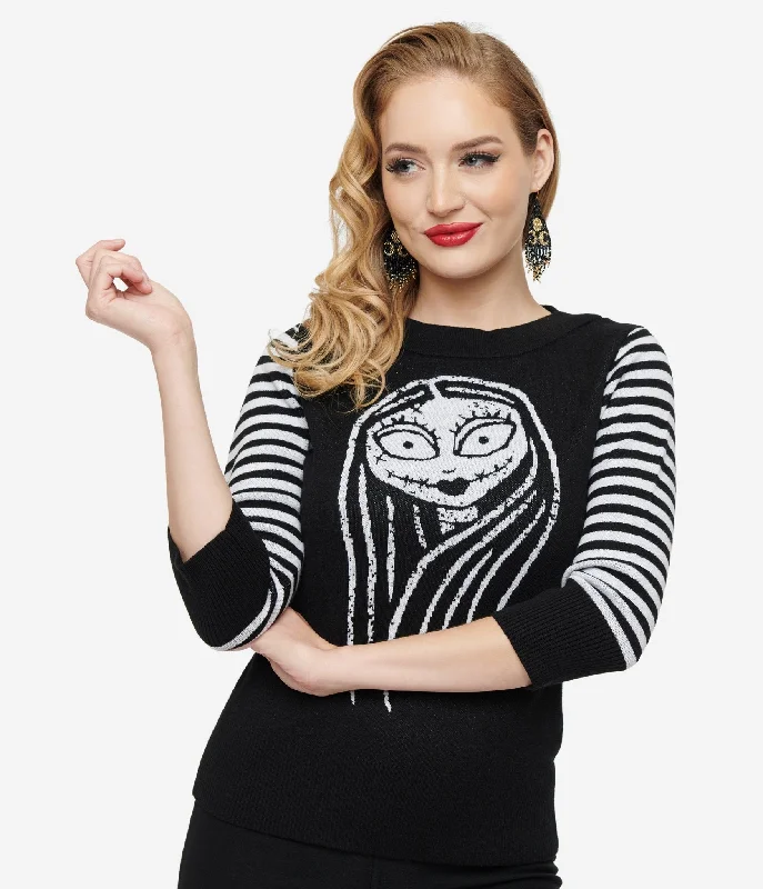 v neck women cardigan to elongate the necklineDisney The Nightmare Before Christmas collection by Unique Vintage Black & White Stripe Sally Minou Sweater