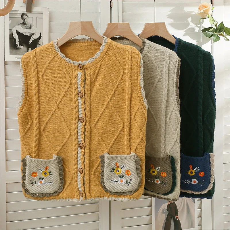 hand knitted women cardigan with artisanal charmEmbroidered Flower Pocket Vest (3 Colors)