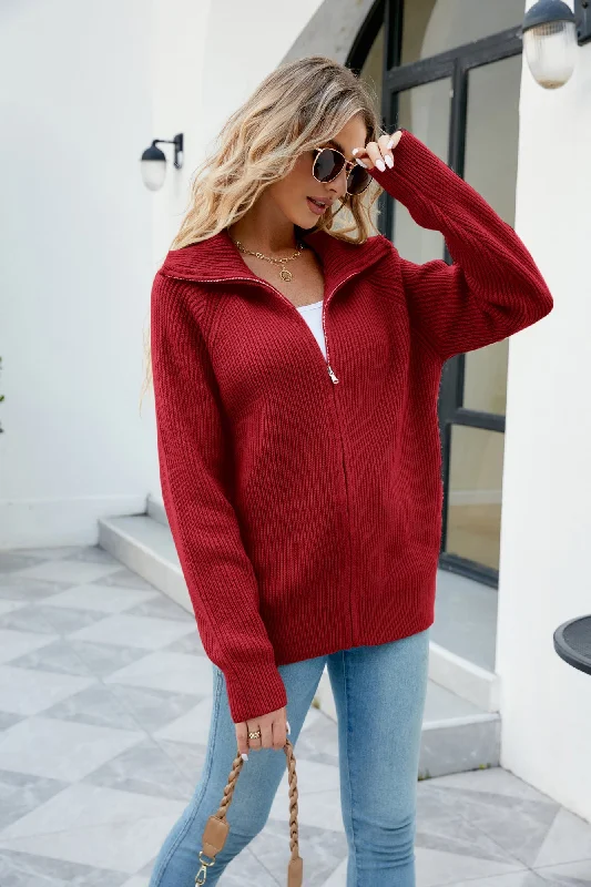 plus size women cardigan for comfortable layeringFull Zip Cardigan Sweaters Unisex Lapel Collar Raglan Sleeve Casual Ribbed Sweaters