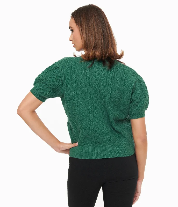 cropped women cardigan to pair with high - waisted jeansHunter Green Cable Knit Short Sleeve Sweater