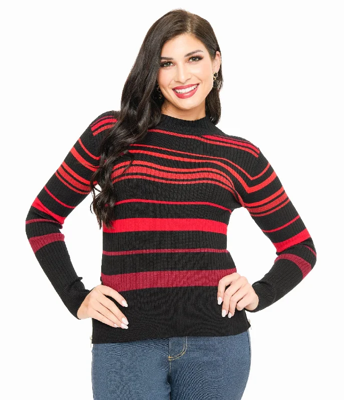 machine washable women cardigan for easy careJawbreaker Red & Black Stripe High Neck Sweater