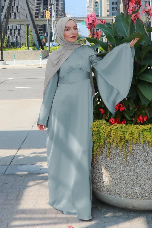 cable knit women cardigan with intricate patternsLaMeera Drape Sleeves Satin Dress - Mint Gray