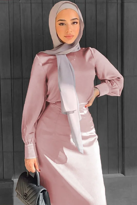 long length women cardigan with side slitsLameera Satin Blouse - Dusty Rose