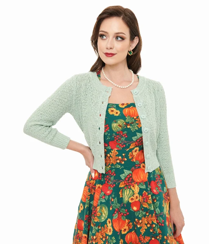 long length women cardigan with side slitsRetro Style Aqua Crochet Cardigan