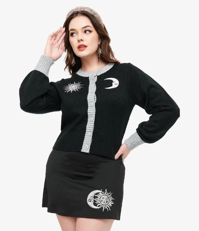 v neck women cardigan to elongate the necklineSmak Parlour 1960s Black & Silver Celestial Embroidered Cropped Cardigan