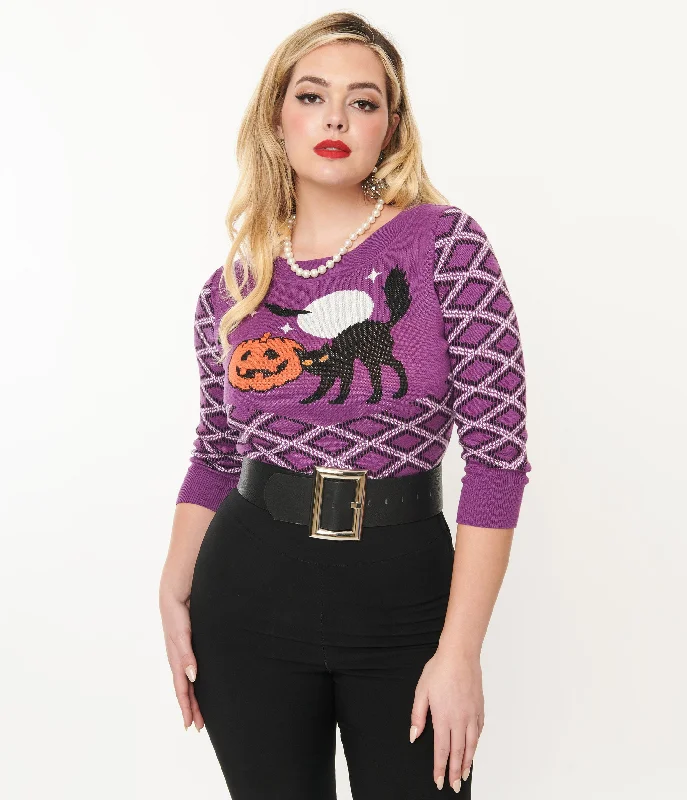 color block women cardigan with bold huesSmak Parlour Purple Plaid & Black Cat Sweater