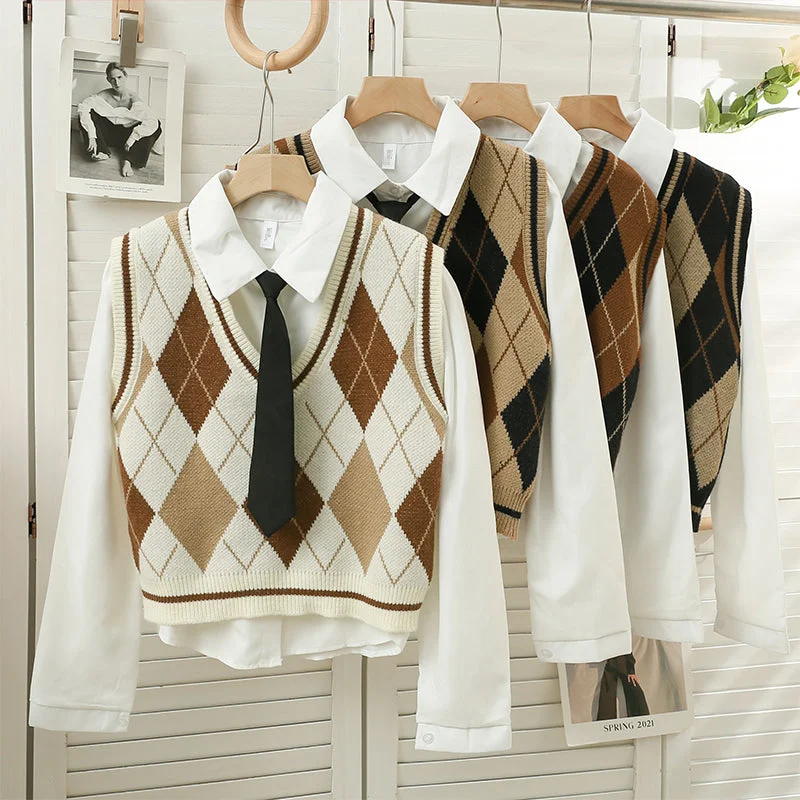 long length women cardigan with side slitsSpiced Argyle Plaid Vest Set (4 Colors)