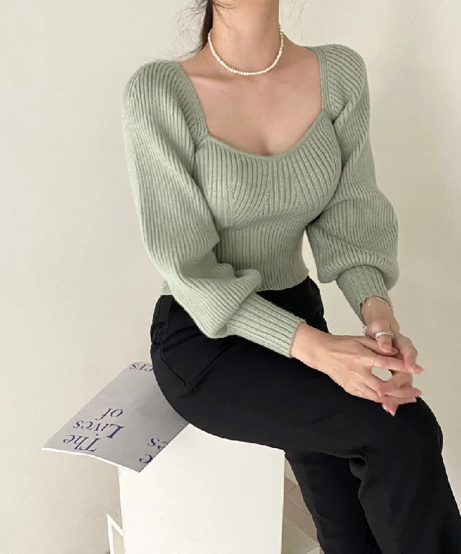 ribbed women cardigan with a classic textureRibbed Puff Sleeve Cropped Sweater (4 Colors)