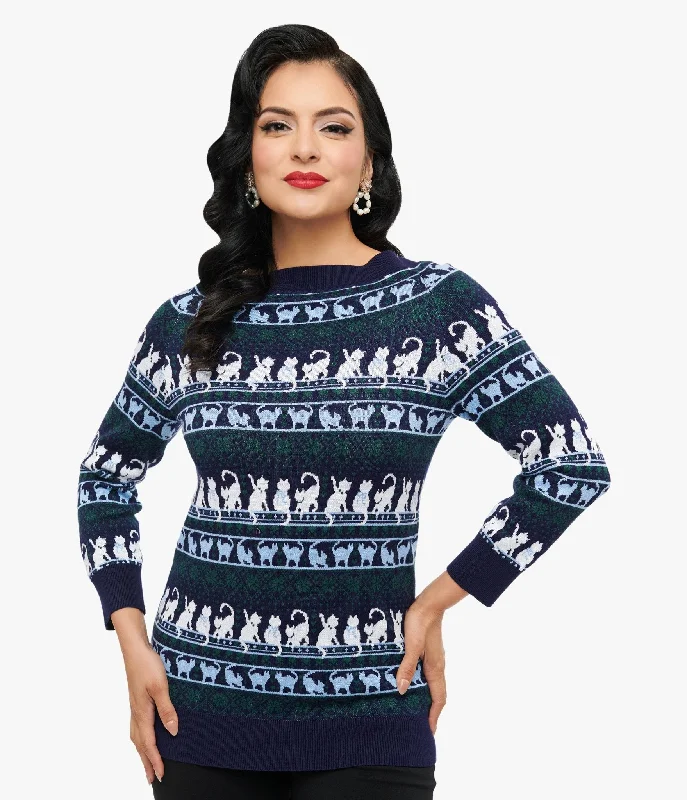 open front women cardigan for easy stylingUnique Vintage 1940s Navy & White Cat Pattern Lorelai Sweater