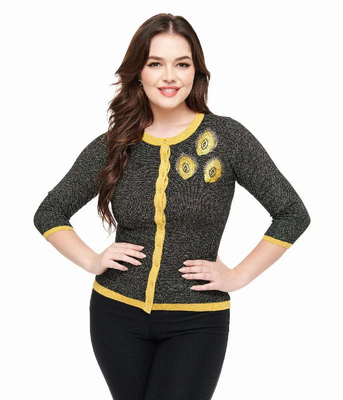 ribbed women cardigan with a classic textureUnique Vintage 1950s Black & Gold Peacock Feather Embroidered Bookworm Cardigan