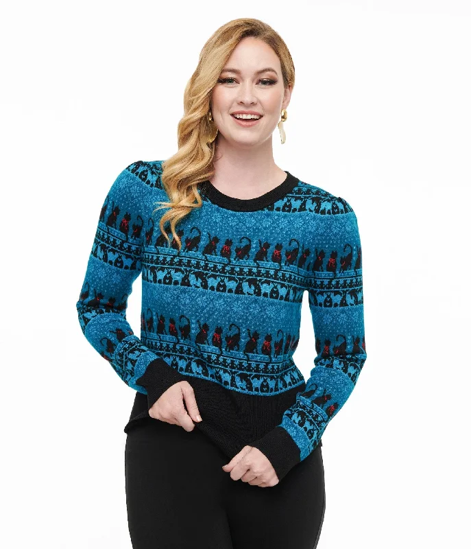 ribbed women cardigan with a classic textureUnique Vintage 1950s Teal Snowflakes & Cats Sweater